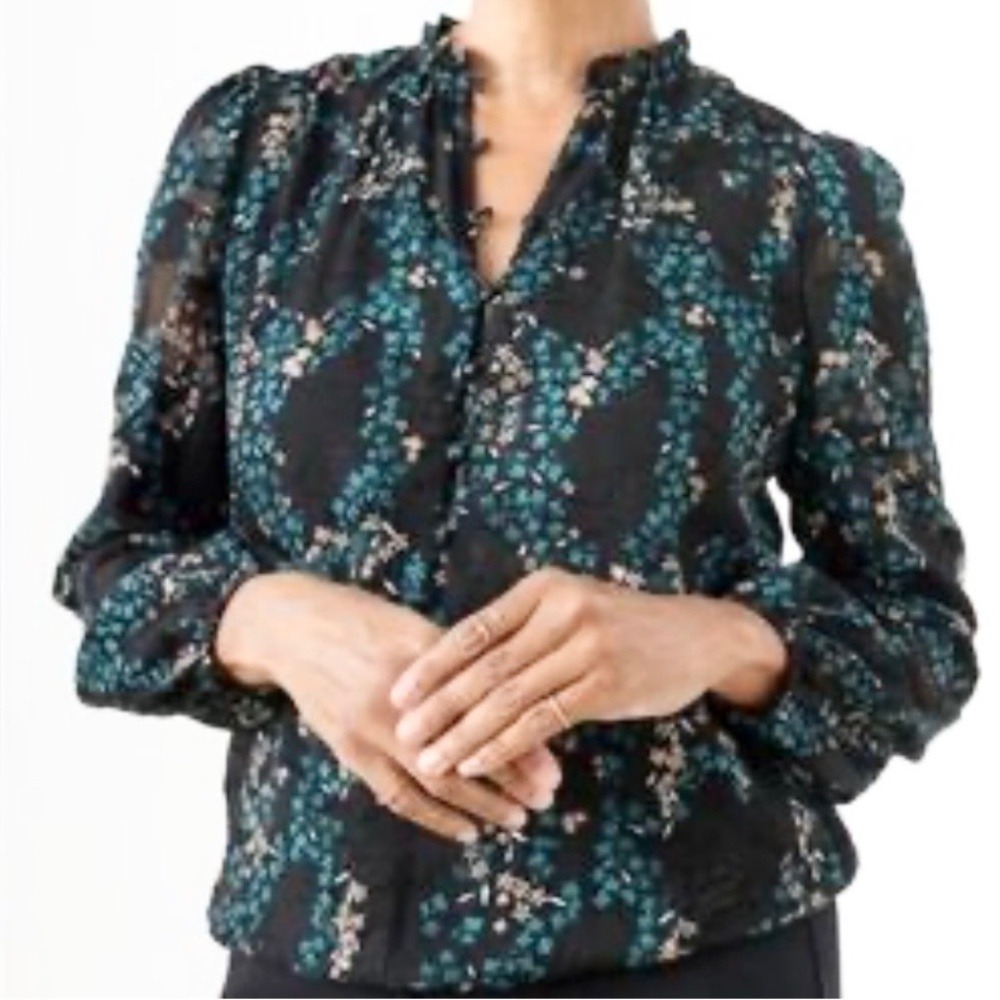 Tamara‎ H. Floral Blouse Ruffle Neck Long Sleeve, Women L Black Teal